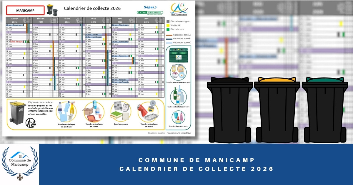 Calendrier de collecte des déchets 2026 à Manicamp - FB - Commune de Manicamp